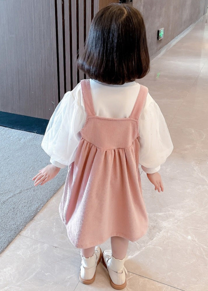 Pink Print Button Corduroy Slip Dress and Top Two Pieces Set Sleeveless