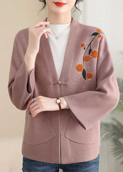 Pink Print Button Cotton Knit Coat Spring