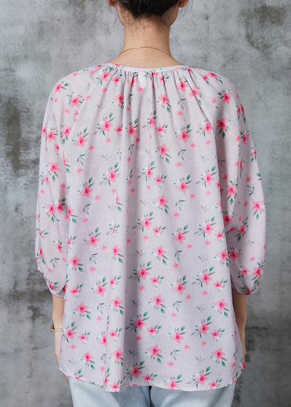 Pink Print Cotton Shirt Tops O-neck Bracelet Sleeve