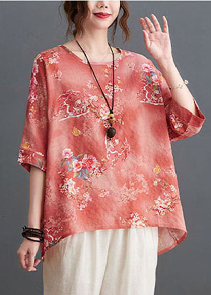 Pink Print Linen Loose Tank O-neck Low High Design Half Sleeve