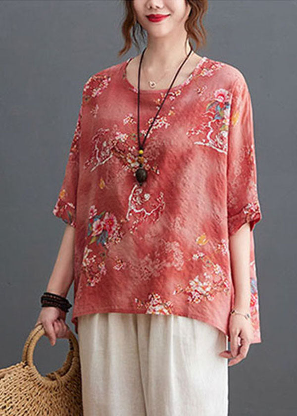 Pink Print Linen Loose Tank O-neck Low High Design Half Sleeve