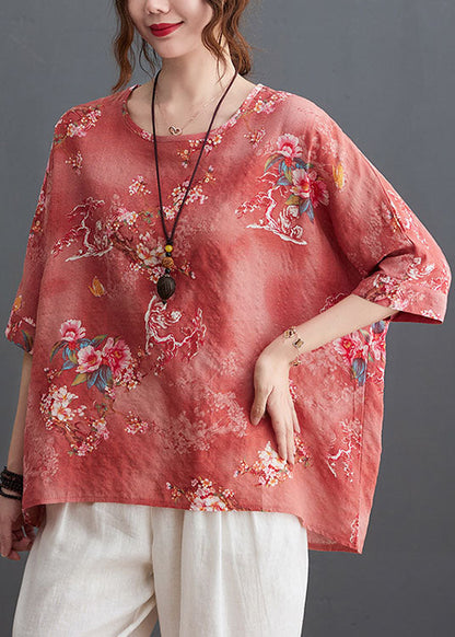 Pink Print Linen Loose Tank O-neck Low High Design Half Sleeve
