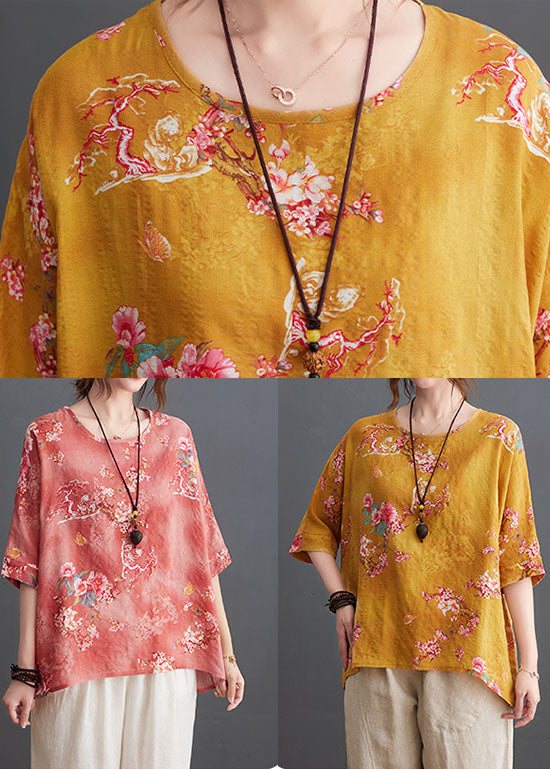 Pink Print Linen Loose Tank O-neck Low High Design Half Sleeve