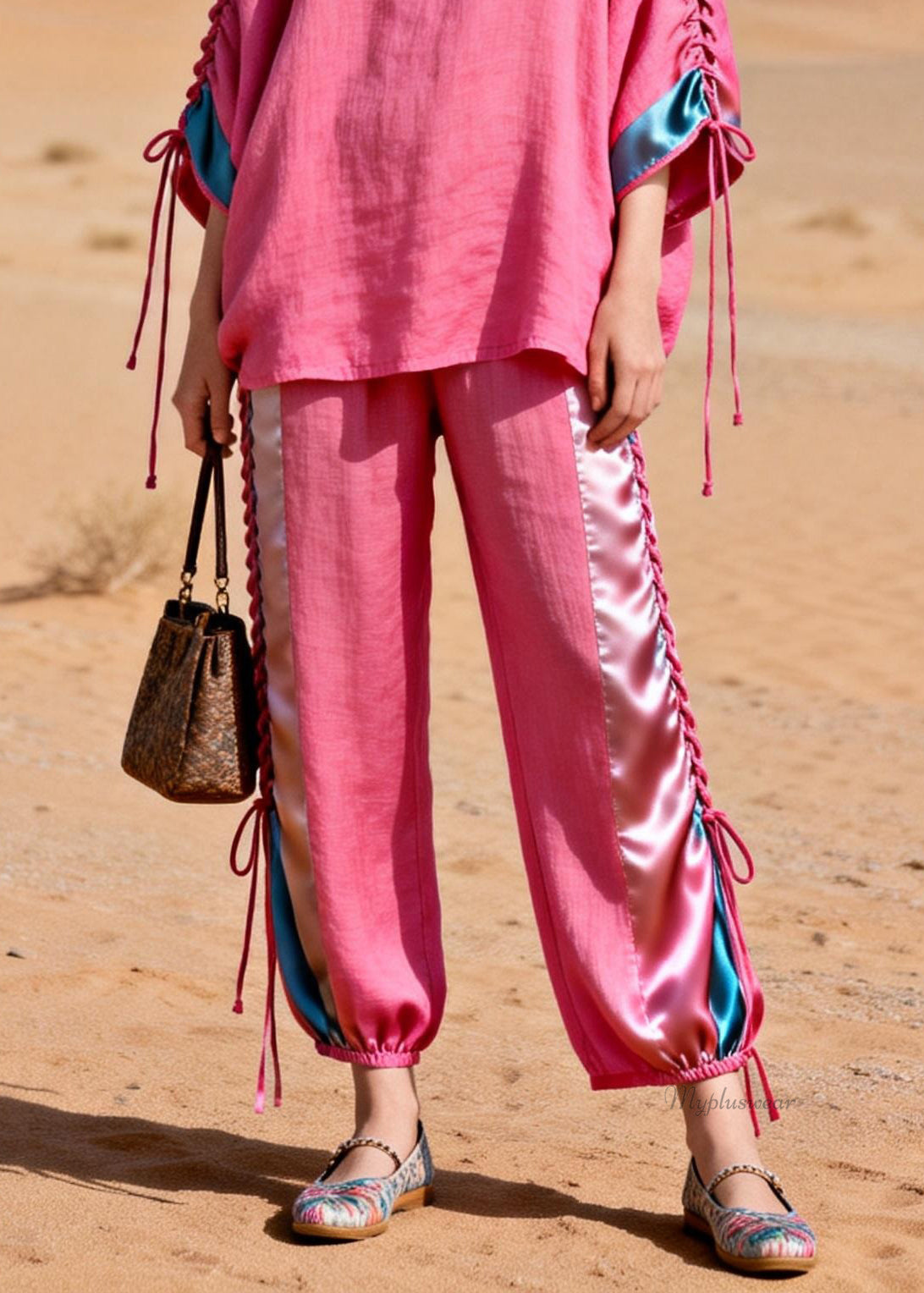 Pink Shirts and Crop Pants Silk Patchwork Two Piece Set Cinched Summer
