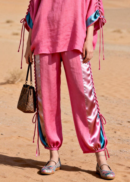 Pink Shirts and Crop Pants Silk Patchwork Two Piece Set Cinched Summer