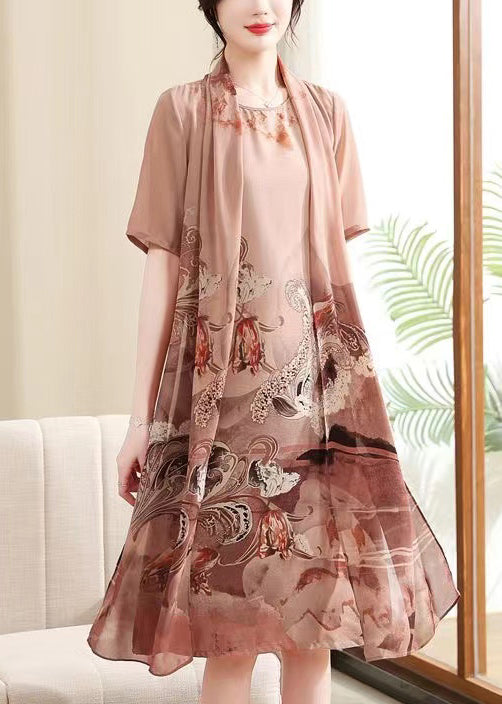Pink Side Open Print Chiffon Dress O-neck Short Sleeve