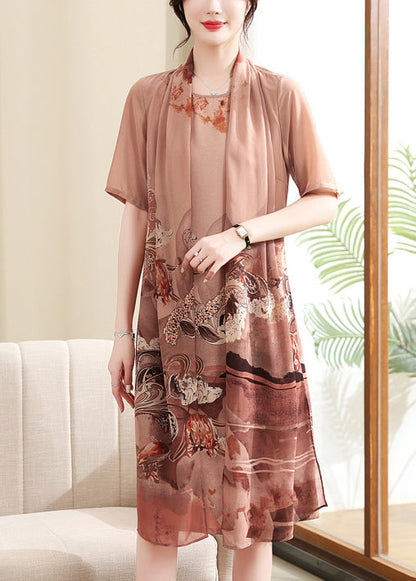 Pink Side Open Print Chiffon Dress O-neck Short Sleeve