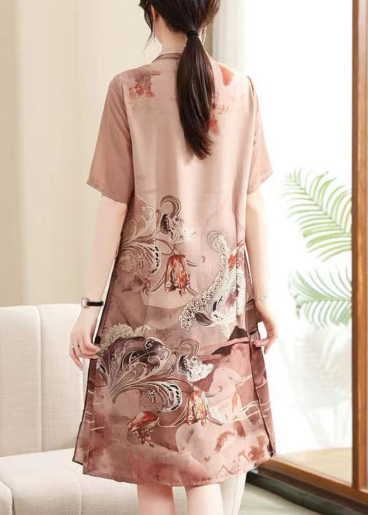Pink Side Open Print Chiffon Dress O-neck Short Sleeve