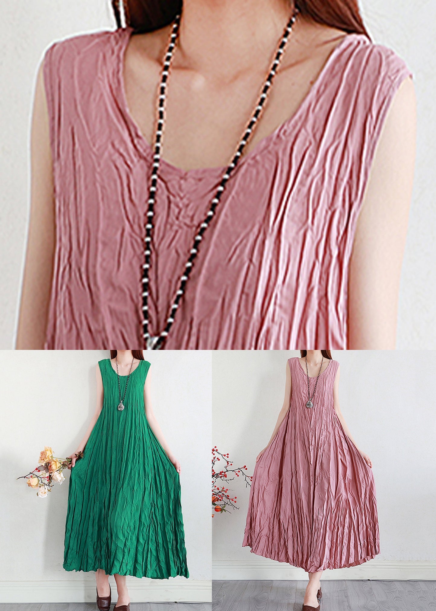 Pink Silk Linen Long Dress O Neck Summer