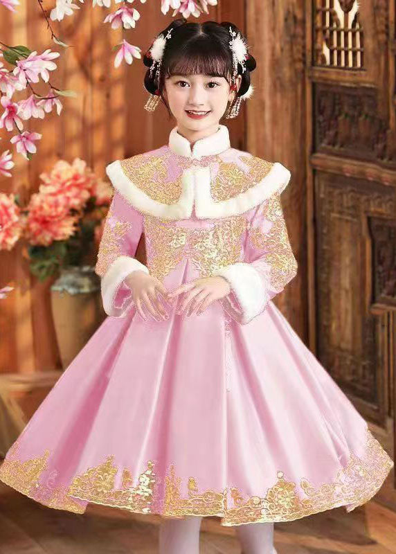 Pink Stand Collar Button Kids Shawl and Dress Two Piece Set Long Sleeve