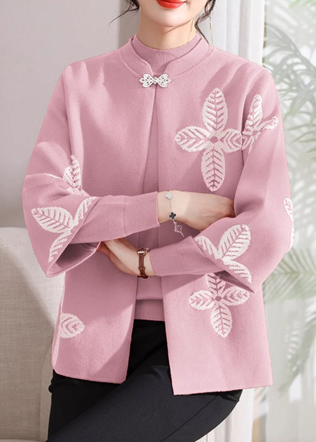 Pink Stand Collar Knit Coats and Sweaters Two-piece Set Three Quarter Sleeve