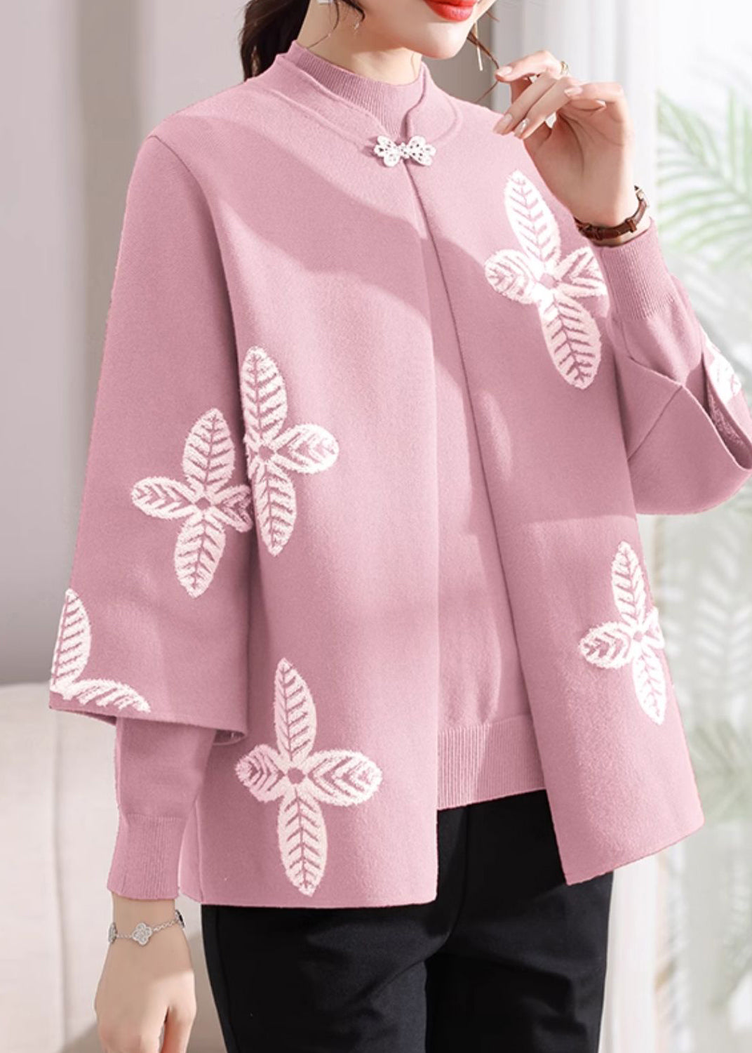 Pink Stand Collar Knit Coats and Sweaters Two-piece Set Three Quarter Sleeve