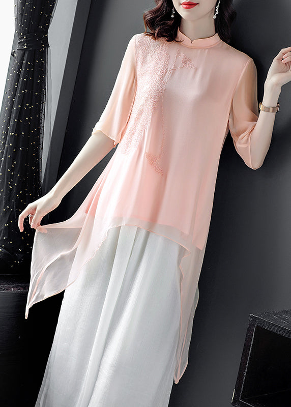 Pink Stand Collar Silk Top and Crop Pants Two Pieces Set Fall