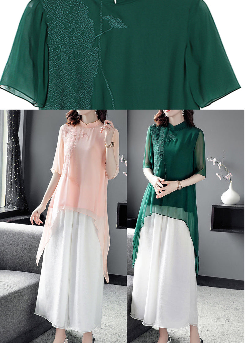 Pink Stand Collar Silk Top and Crop Pants Two Pieces Set Fall