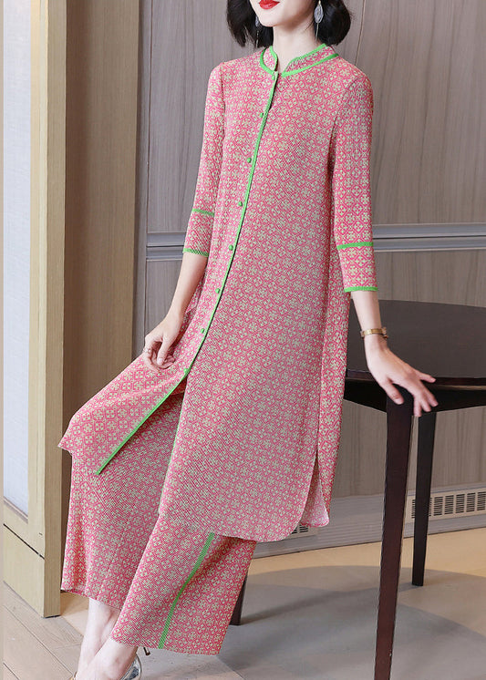 Pink Stand Collar Top and Crop Pants Two Piece Set Fall