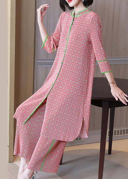 Pink Stand Collar Top and Crop Pants Two Piece Set Fall