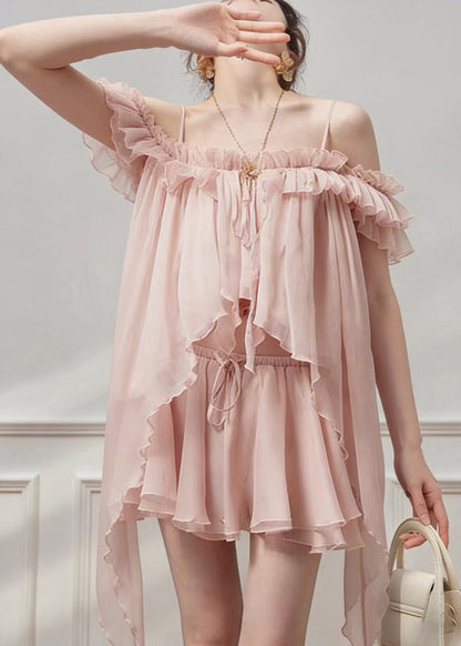 Pink Tie Lace Chiffon Top and Skirts Two Pieces Set Ruffled Summer