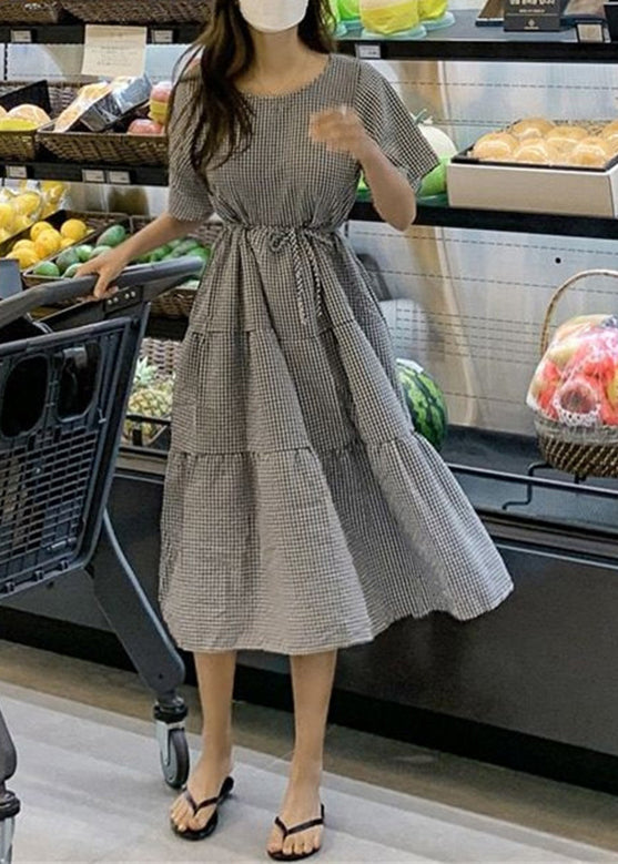 Plaid Knotted Ruffle Round Neck Short Sleeve Maxi Dress
