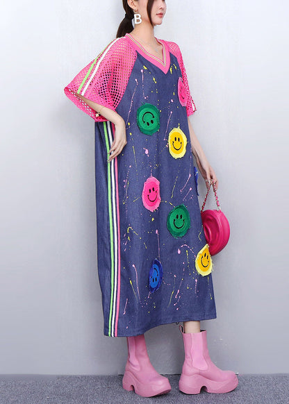 Playful Pink Smiley Hollow Out Patchwork Denim Long Dress Summer