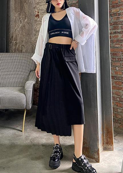 Pleated Skirt High Waist A-line Black Stitching Elastic Waist Skirt Female Summer