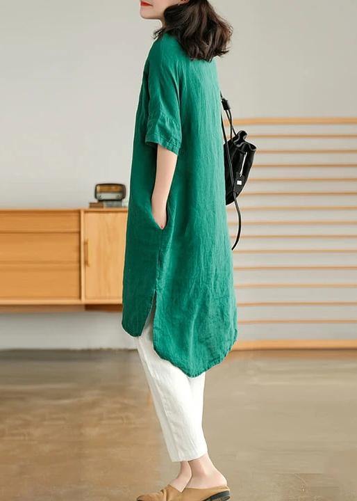 Jade Green Flower Linen Linen Shirt Dress