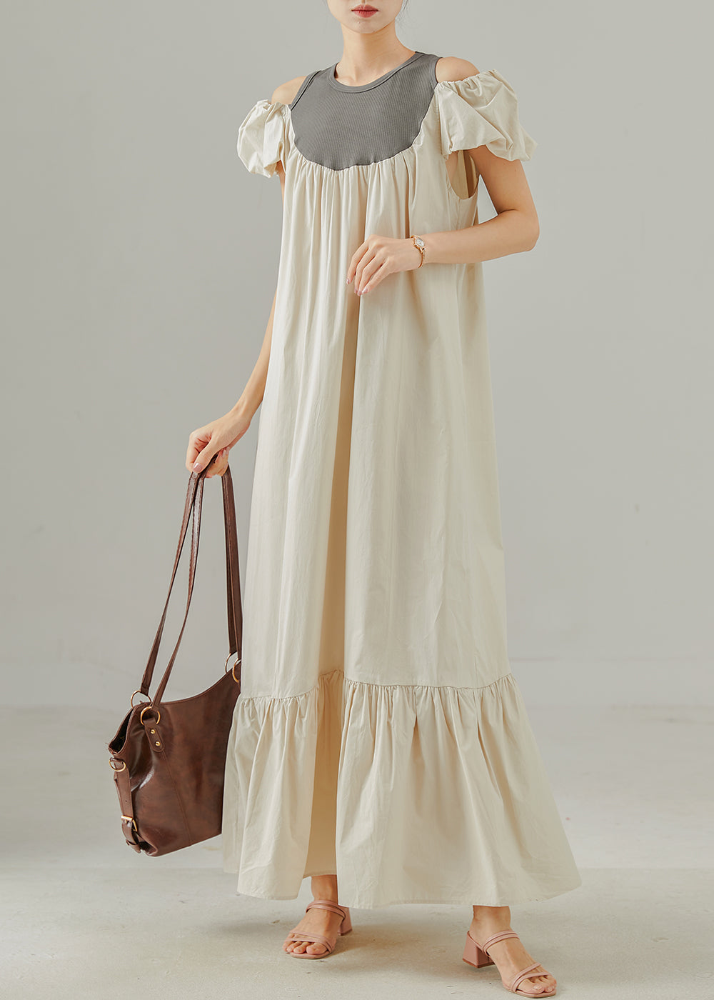 Apricot Cold Shoulder Patchwork Cotton Ankle Dress Summer