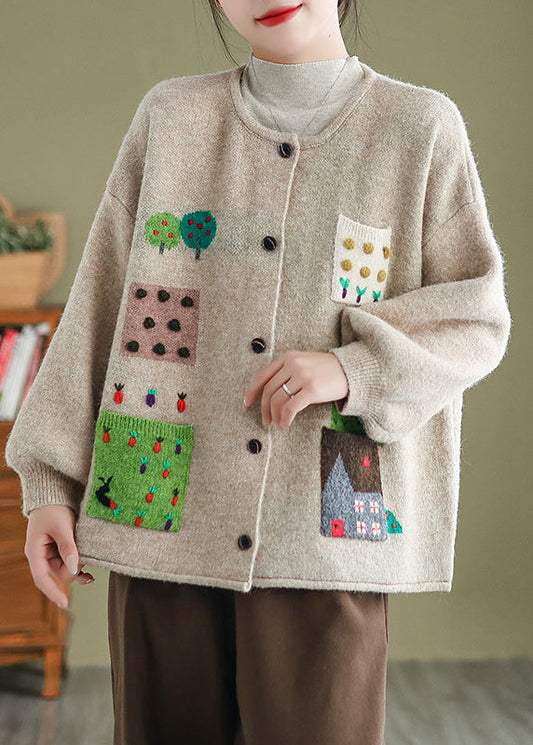 Apricot O Neck Pockets Button Knit Cardigans Coat Fall
