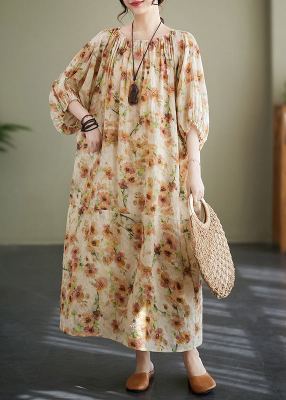 Apricot Print Wrinkled Robe Dress Summer