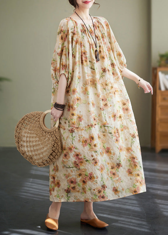 Apricot Print Wrinkled Robe Dress Summer