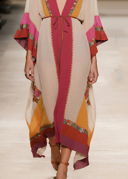 Apricot Tie Waist Print Cotton Robe Dresses Summer