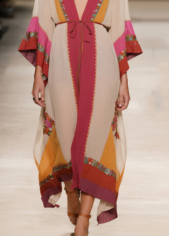 Apricot Tie Waist Print Cotton Robe Dresses Summer