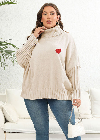 Apricot Turtleneck Love Print Thick Knit Sweaters Long Sleeve