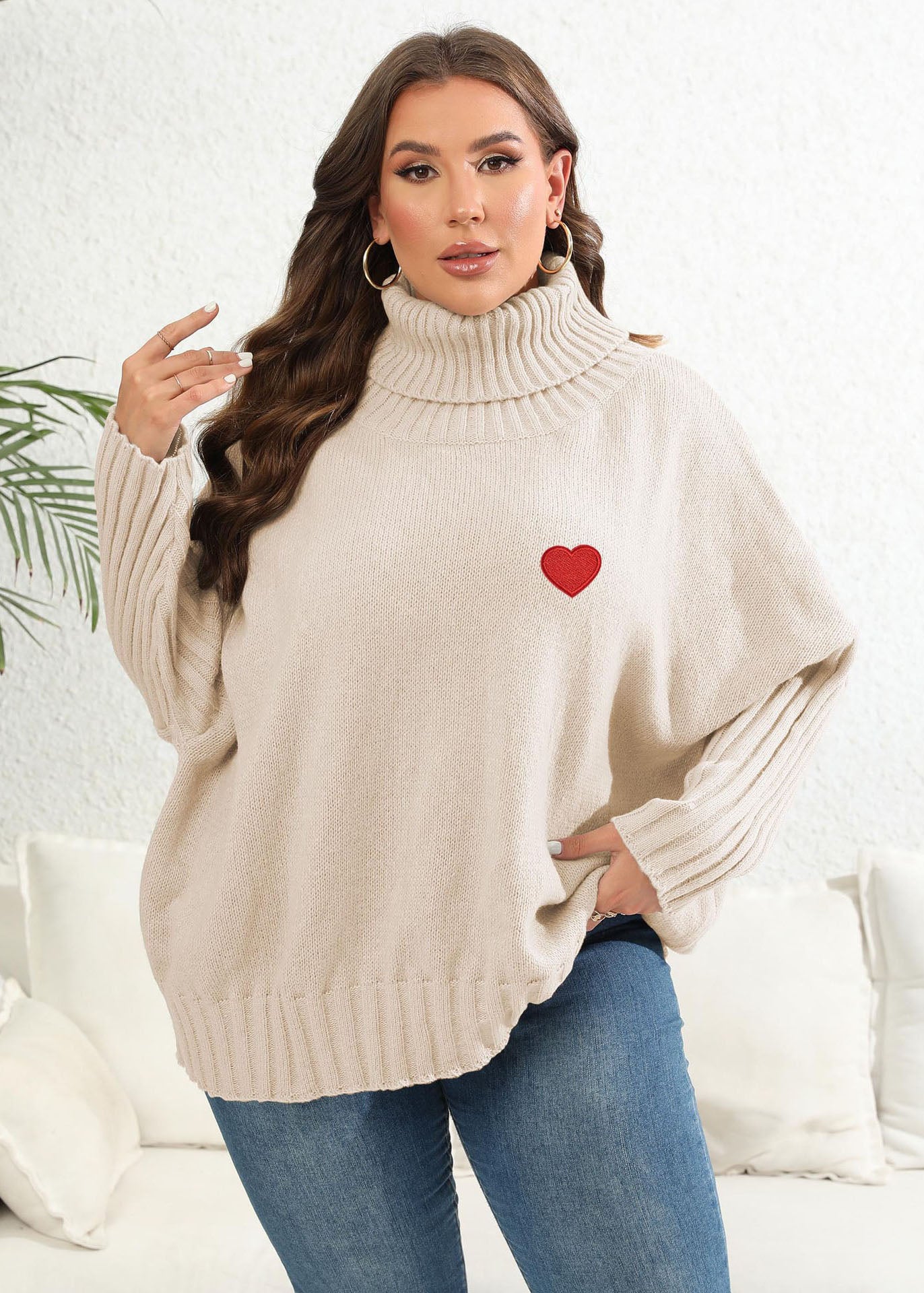 Apricot Turtleneck Love Print Thick Knit Sweaters Long Sleeve