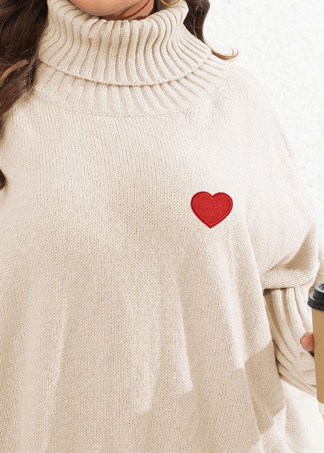 Apricot Turtleneck Love Print Thick Knit Sweaters Long Sleeve