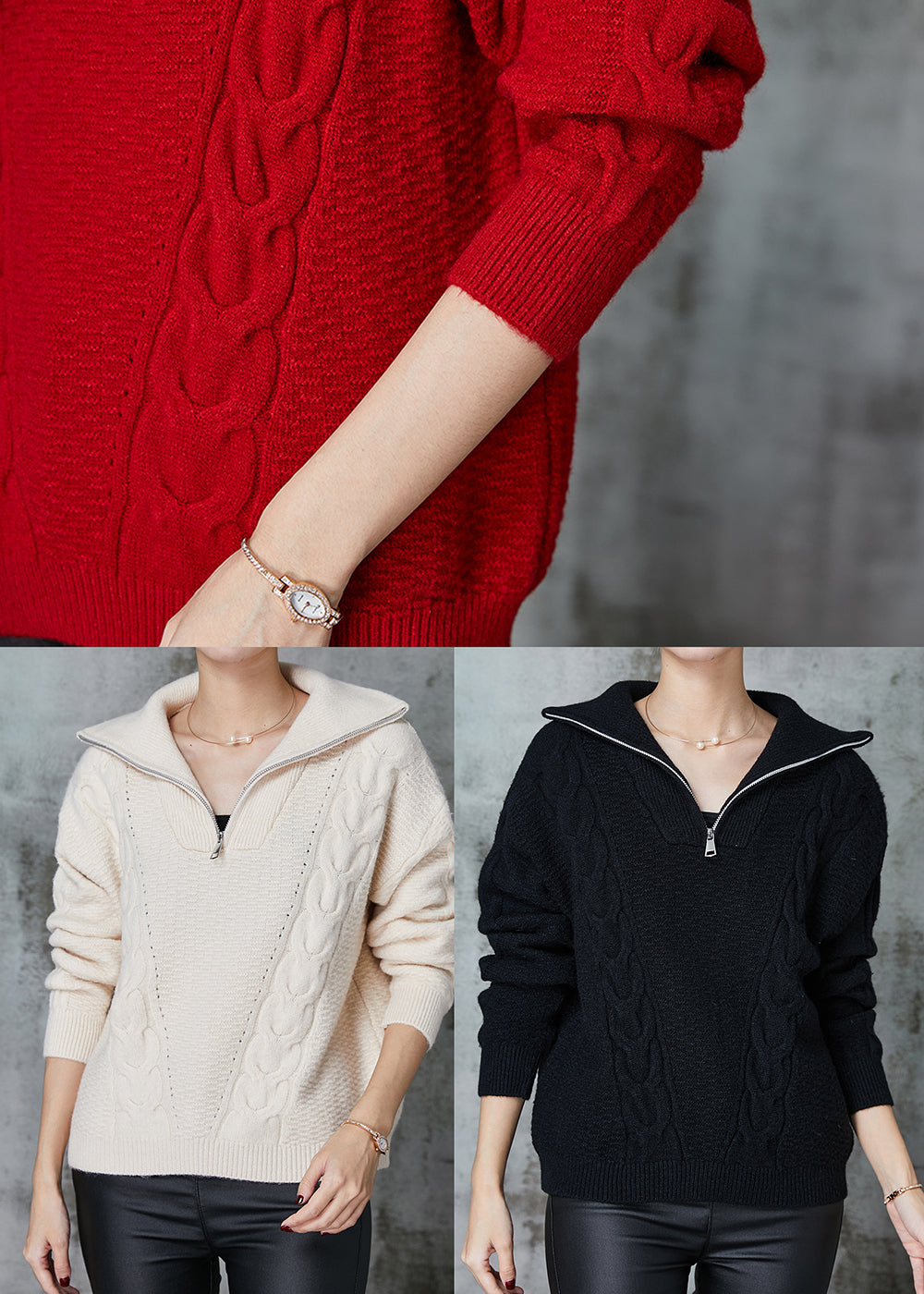 Apricot Zip Up Thick Knit Sweater Tops Spring