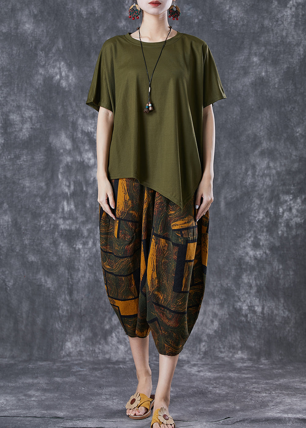 Army Green Asymmetrical Print Cotton Two Pieces Set Summer