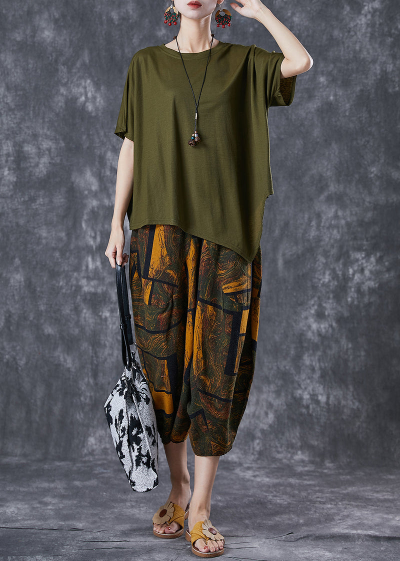 Army Green Asymmetrical Print Cotton Two Pieces Set Summer