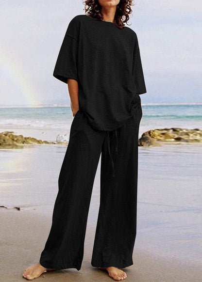 Army Green Patchwork T Shirts and Wide Leg Pants Two Piece Set Short Sleeve