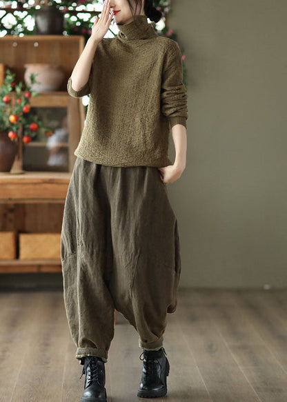 Army Green Turtle Neck Jacquard Knit Sweater Tops Winter