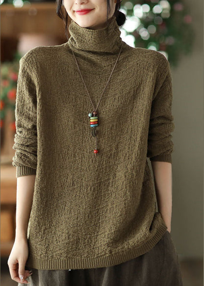 Army Green Turtle Neck Jacquard Knit Sweater Tops Winter