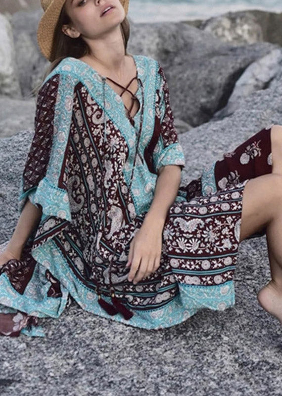 Baby Blue V Neck Print Side Open Maxi Holiday Dresses Short Sleeve