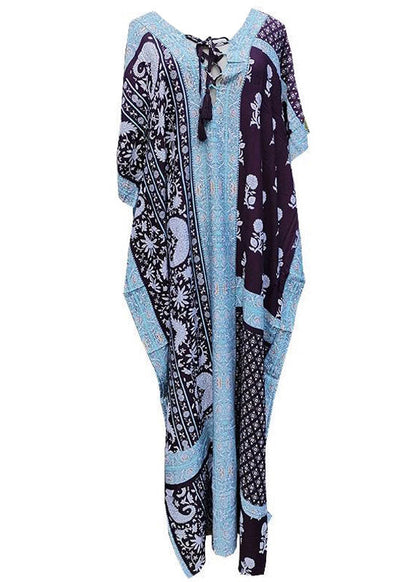 Baby Blue V Neck Print Side Open Maxi Holiday Dresses Short Sleeve