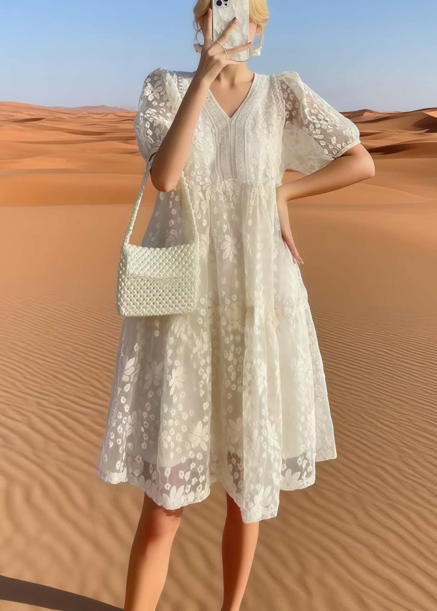 Beige Embroidered Tulle Holiday Dress Summer