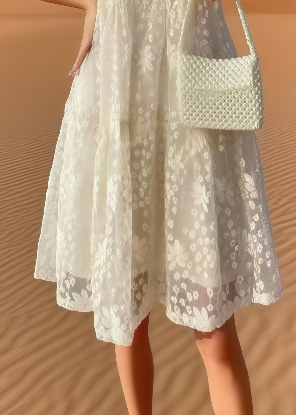 Beige Embroidered Tulle Holiday Dress Summer