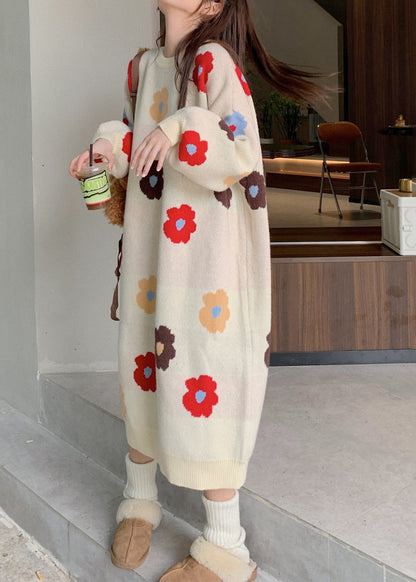 Beige O Neck Long Knit Sweaters Dress Winter