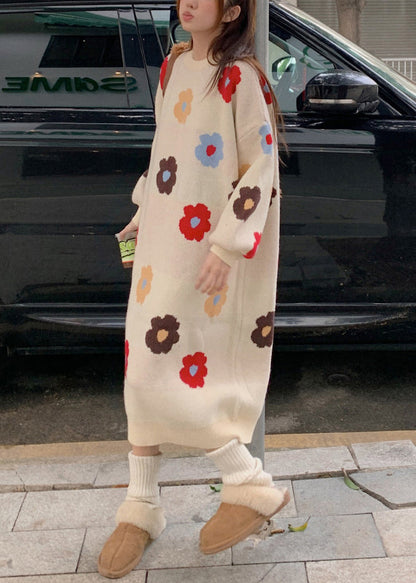 Beige O Neck Long Knit Sweaters Dress Winter