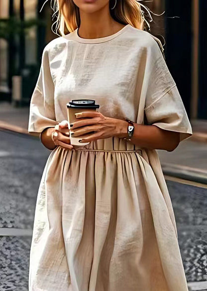Beige O Neck Wrinkled Patchwork Linen Dress Summer