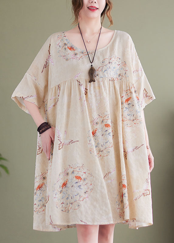 Beige O-neck Wrinkled Print Cotton Mid Dress Short Sleeve