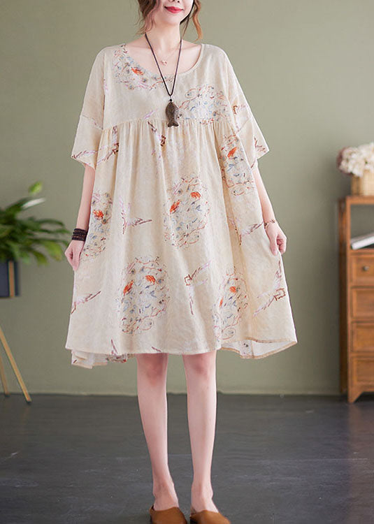 Beige O-neck Wrinkled Print Cotton Mid Dress Short Sleeve