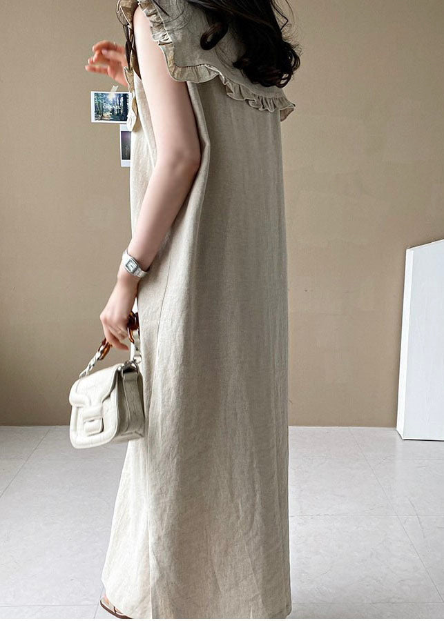Beige Oversized Ruffled Side Open Linen Maxi Dress Sleeveless